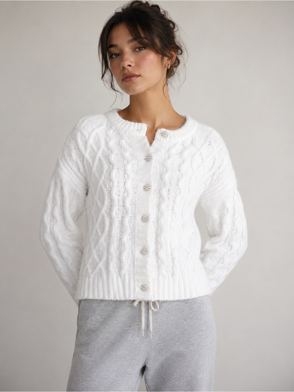 Free Assembly White Cable Knit Jeweled Button Cardigan Size S (4–6)